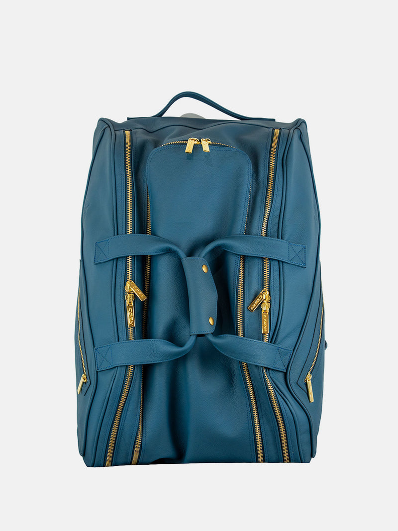 EKSKLUSIV PADELTASKE I ÆGTE LÆDER - BLÅ / GULD